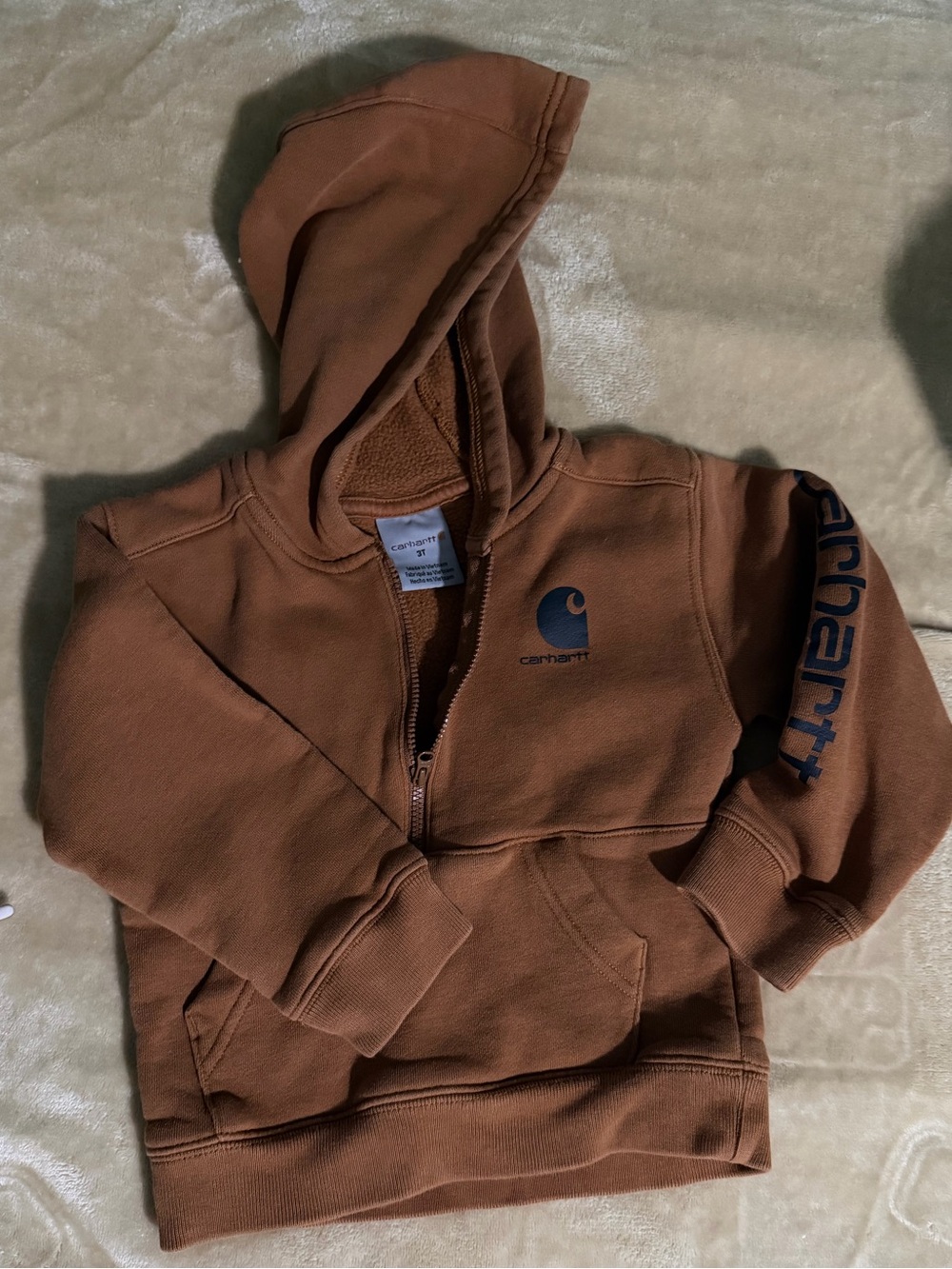 Carhartt Kids Brown Hooded Zip-Up Sweatshirt with Logo Sleeve 3t